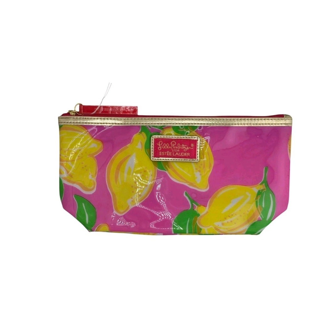 Lilly Pulitzer Estee Lauder makeup‎ bag  Lipstick Flowers Pink/Green Lemons